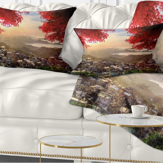 Designart Taiwan Township with Red Trees - Landscape Printed Throw Pillow - 12x20