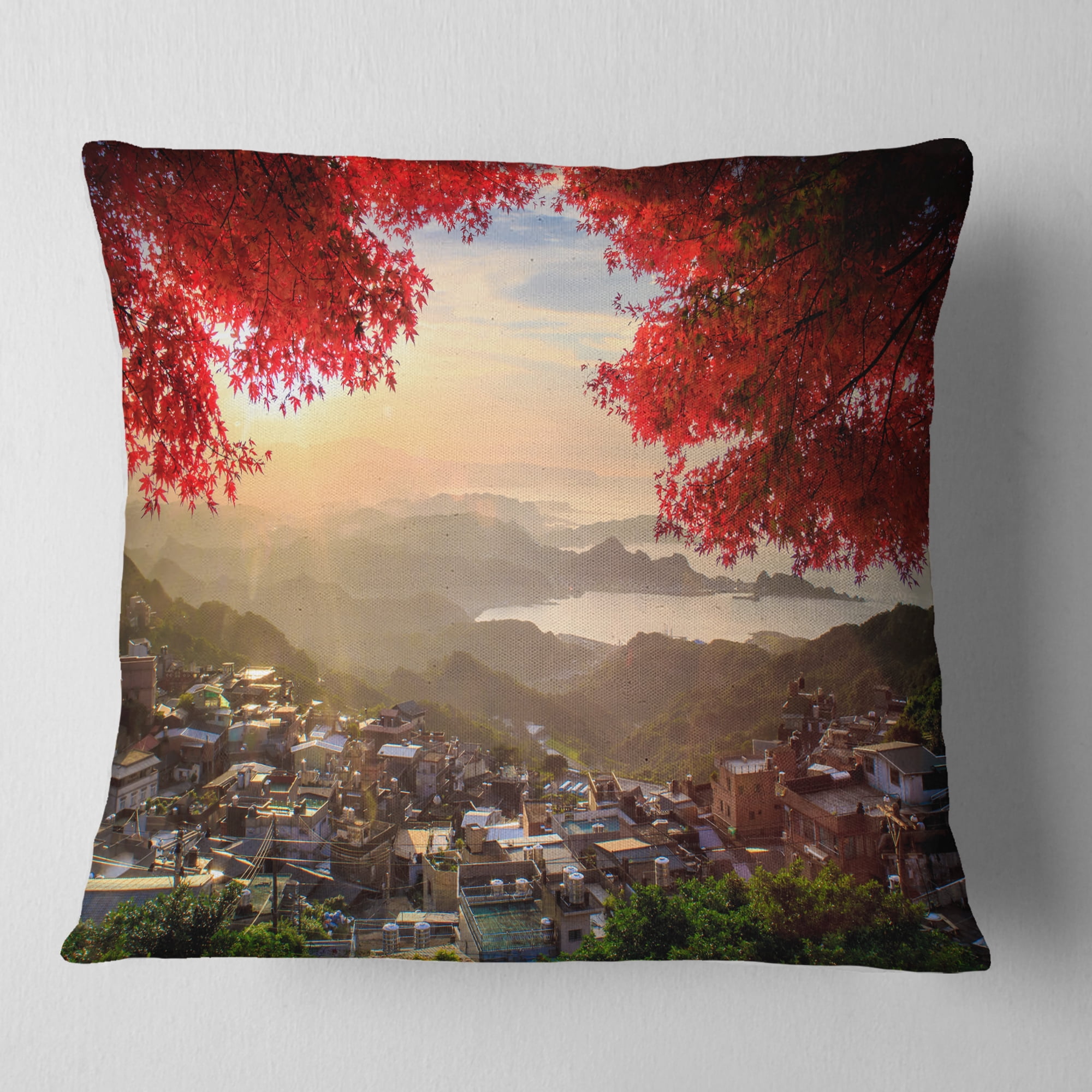 Designart Taiwan Township with Red Trees - Landscape Printed Throw Pillow - 18x18