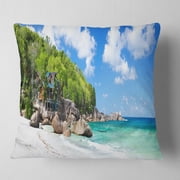 Designart Takamaka Beach in Mahe Island - Modern Seascape Throw Pillow - 18x18