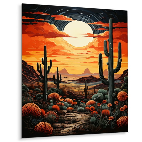 Designart "Tangerine Amber Cactus Desert Dusk Saguaro" Floral & Botanical Metal Wall Art Prints