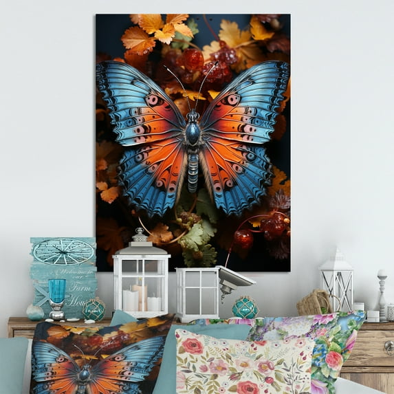 Designart "Tangerine Aqua Lepidoptera" Animals Metal Wall Art Prints