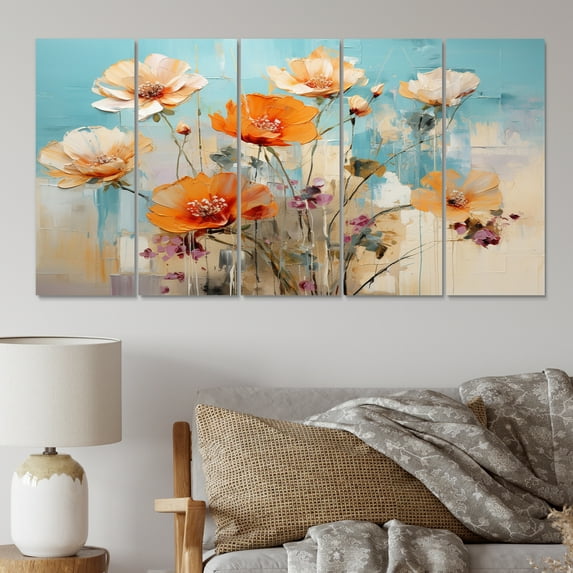 Designart "Tangerine Azure Cactus Depiction" Floral Art Living Room Set