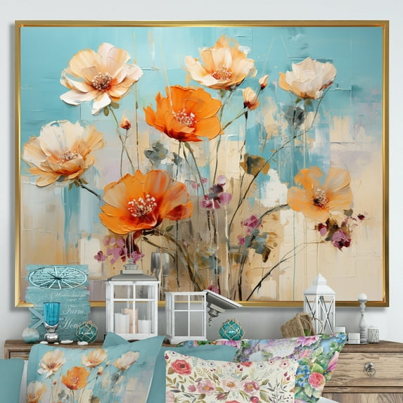 Designart "Tangerine Azure Cactus Depiction" Floral Floater Framed Canvas Print