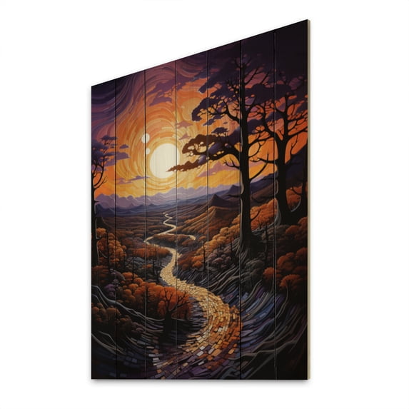 Designart "Tangerine Twilight at Sunset" Landscape & Nature Print on Natural Pine Wood
