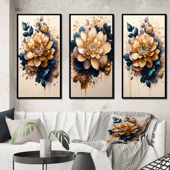 Designart "Tangerine and Deep Sapphire Dahlia I" Floral & Botanical Framed Wall Art Set Of 3 - Orange Dahlia Frame Canvas Set For Living Room Decor