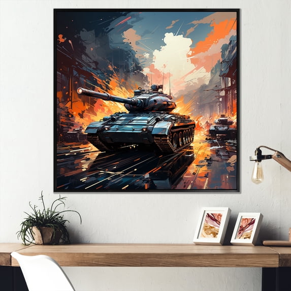 Designart "Tank Military Warfare II" Abstract Framed Wall Art - Orange Abstract Fractal Bedroom Framed Canvas Wall Art