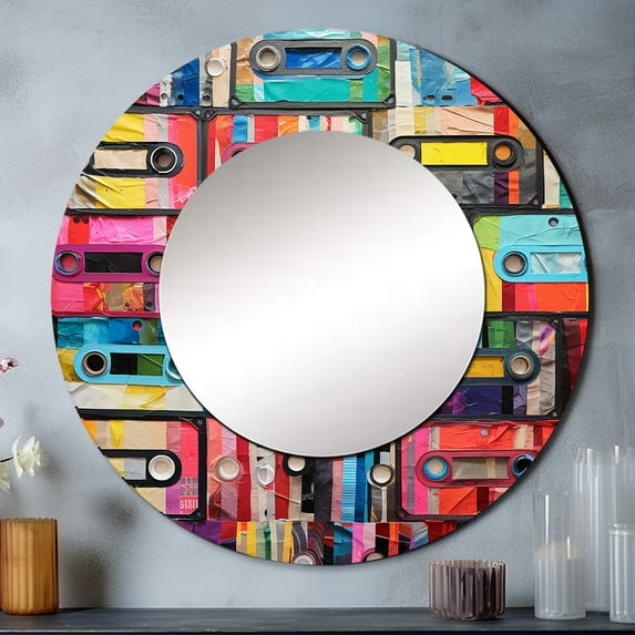 Designart "Tape Mosaic Cassette Tapes I" Cassette Tapes Rund Mirror For Wall Decor - Large Multi-Color Round Print Mirror - Round Industrial Mirror 23" x 23" Inch - Wall Mounted Round Large Mirror