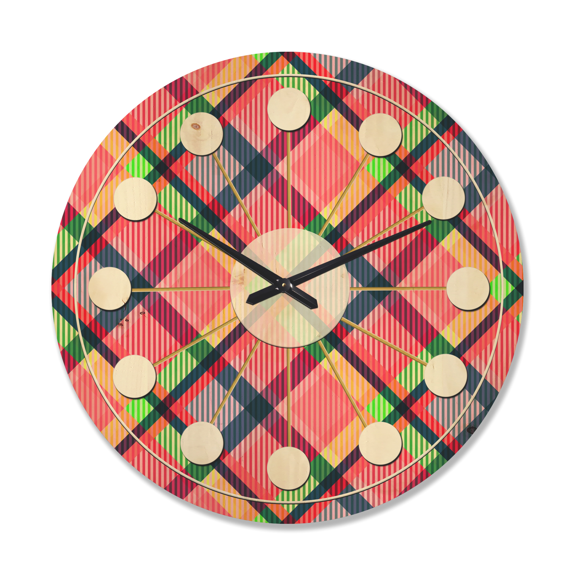 Designart 'Tartan Texture Geometrical Retro I ' Mid-Century Modern Wood Wall Clock