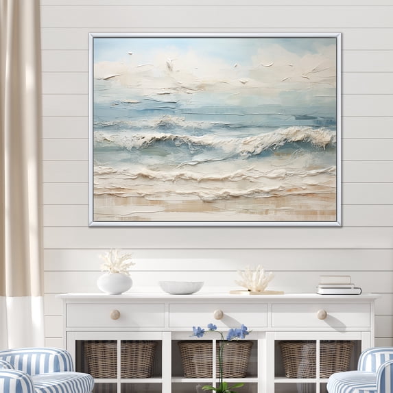 Designart "Taupe And Azure Seaside Artwork" Beach Floater Framed Wall Art Prints