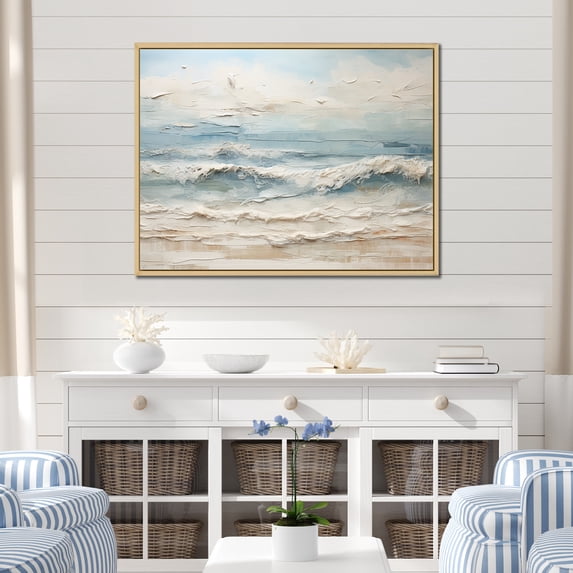 Designart "Taupe And Azure Seaside Artwork" Beach Floater Framed Wall Art Prints
