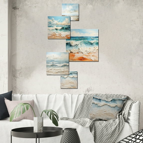 Designart "Taupe And Azure Simplified Seashore Line" Coastal Beach Wall Art Set Of 5 - Beige Coastal Hallway Metal Art Print Set
