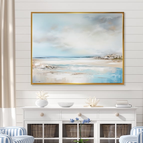 Designart "Taupe And Azure Simplified Seashore Line I" Beach Floater Framed Canvas Wall Art