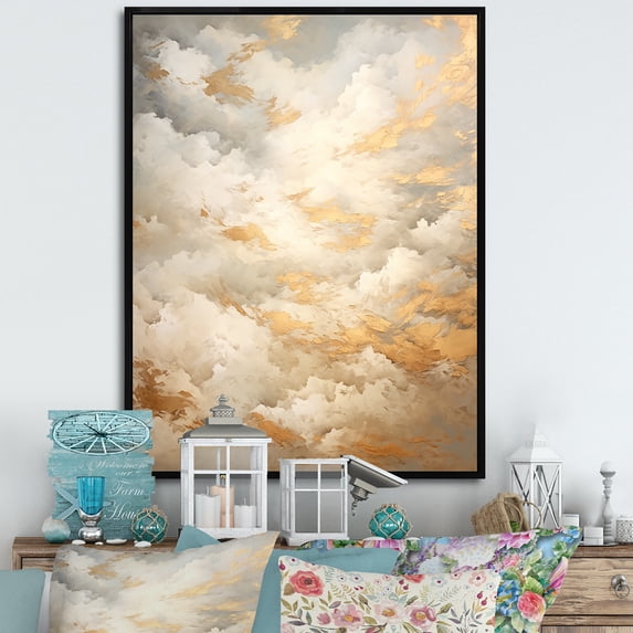Designart "Taupe Golden Simplistic Clouds IV" Clouds Floater Framed Wall Decor
