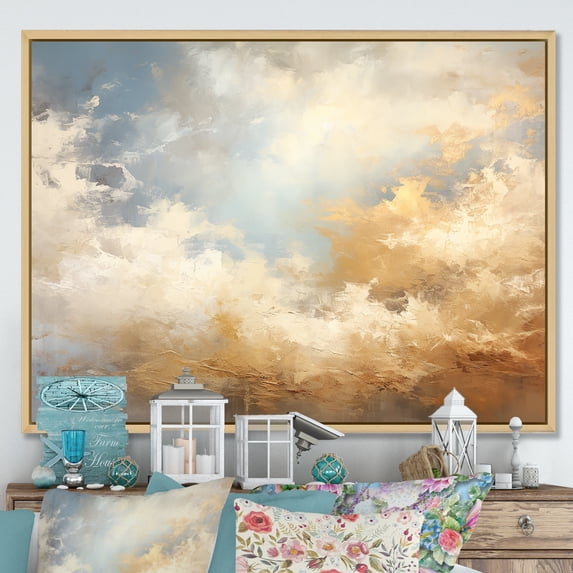 Designart "Taupe Golden Simplistic Clouds V" Clouds Floater Framed Wall Decor