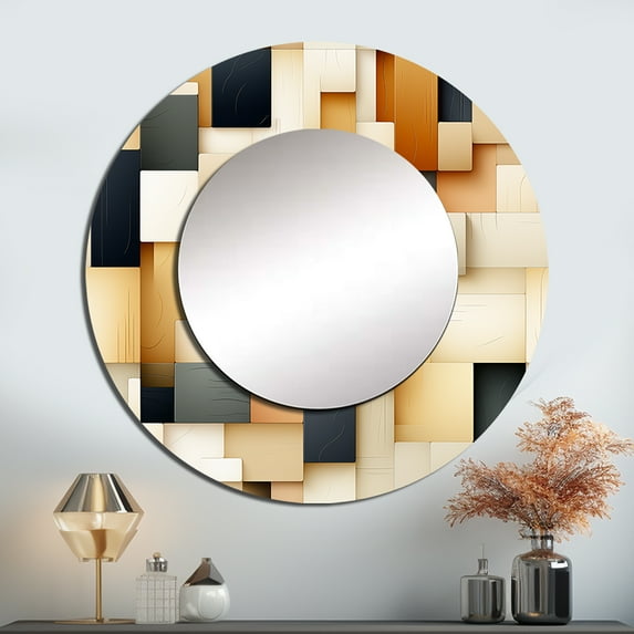 Designart "Taupe-Tinged Abstract Blockchain Blocks I" Geometric Beige Large Round Mirror - Round Bedroom Mirror Wall Decor - Modern Round Printed Mirror - 23" x 23"