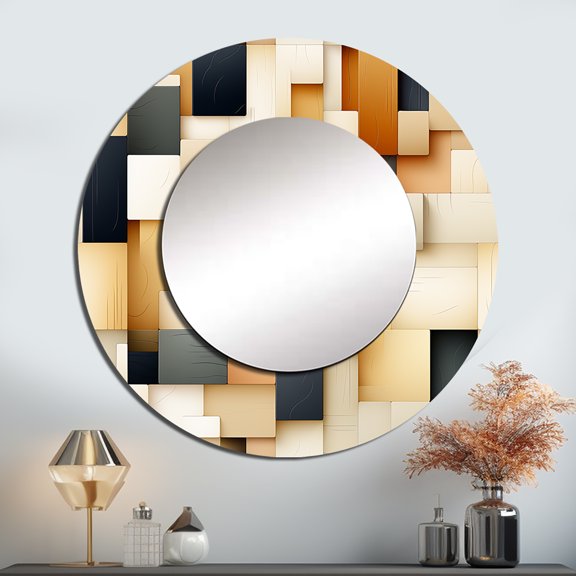 Designart "Taupe-Tinged Abstract Blockchain Blocks I" Geometric Beige Large Round Mirror - Round Bedroom Mirror Wall Decor - Modern Round Printed Mirror - 29" x 29"