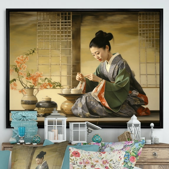 Designart "Tea Ceremony Asian Painting I" Asian Art Floater Framed Wall Decor
