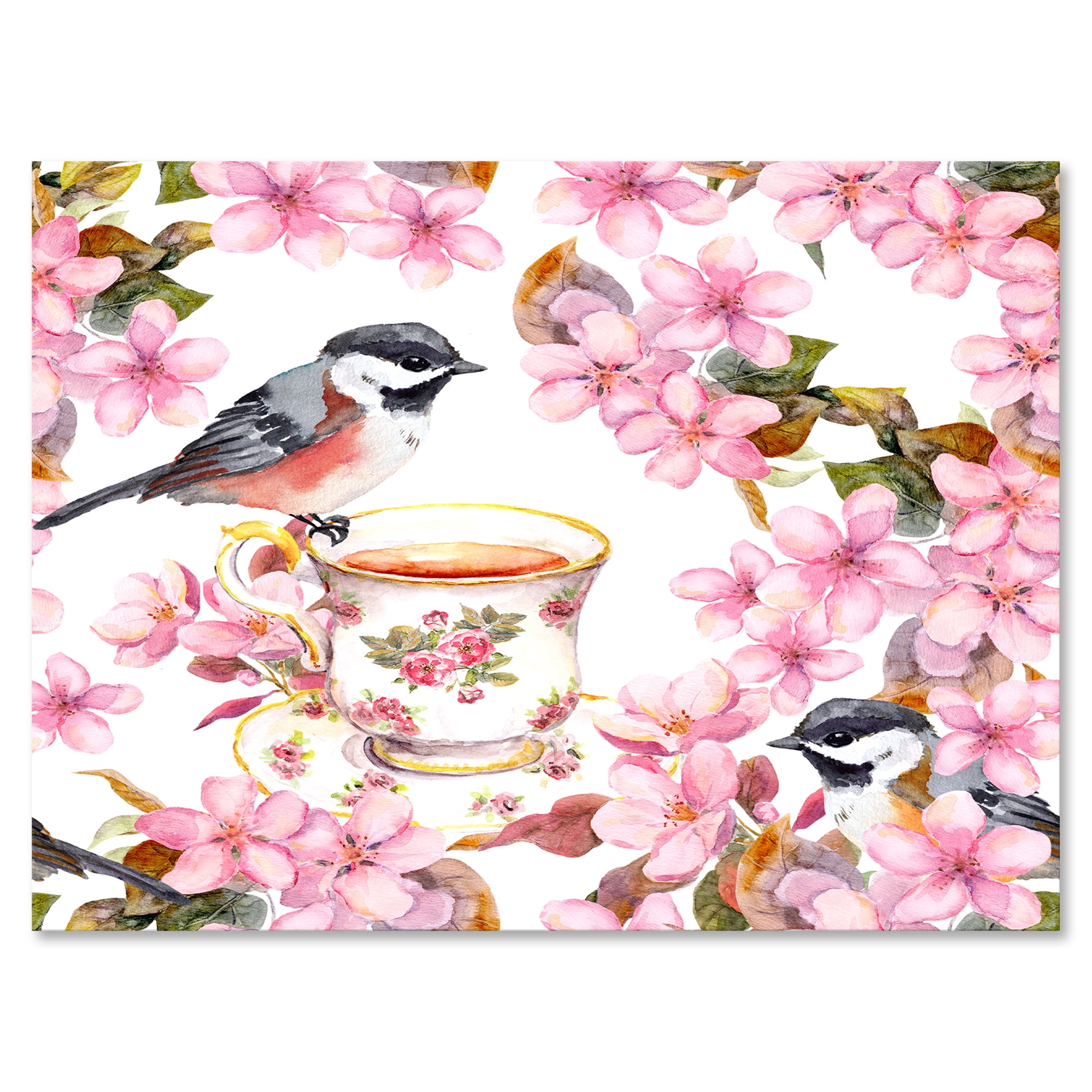 Designart ' Tea Cup Birds and Pink Flowers ' Traditional Canvas Wall Art Print
