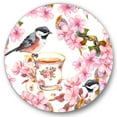 thumbnail image 1 of Designart 'Tea Cup Birds and Pink Flowers' Traditional Circle Metal Wall Art 11x11 - Disc of 11, 1 of 5