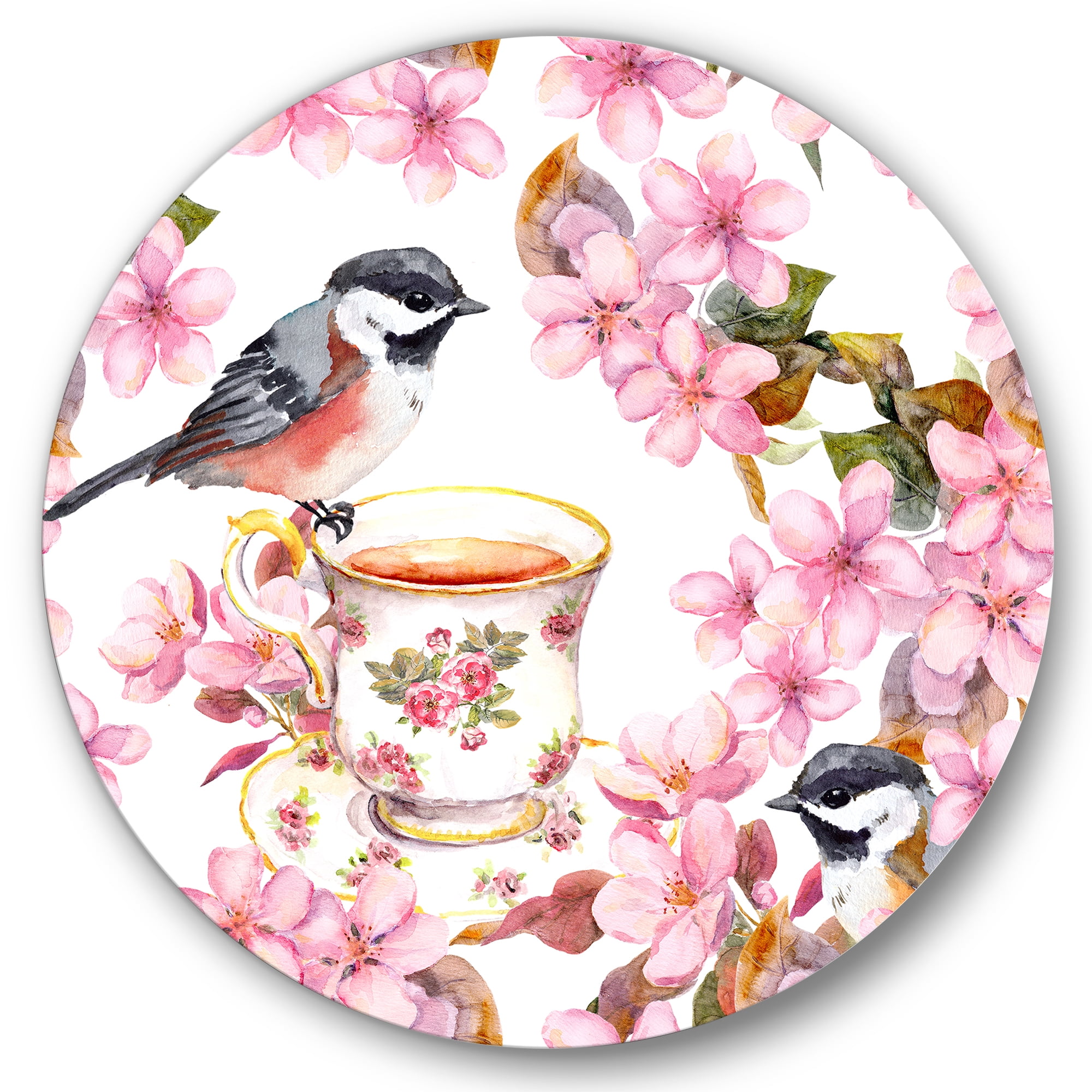 Designart 'Tea Cup Birds and Pink Flowers' Traditional Circle Metal Wall Art 29x29 - Disc of 29