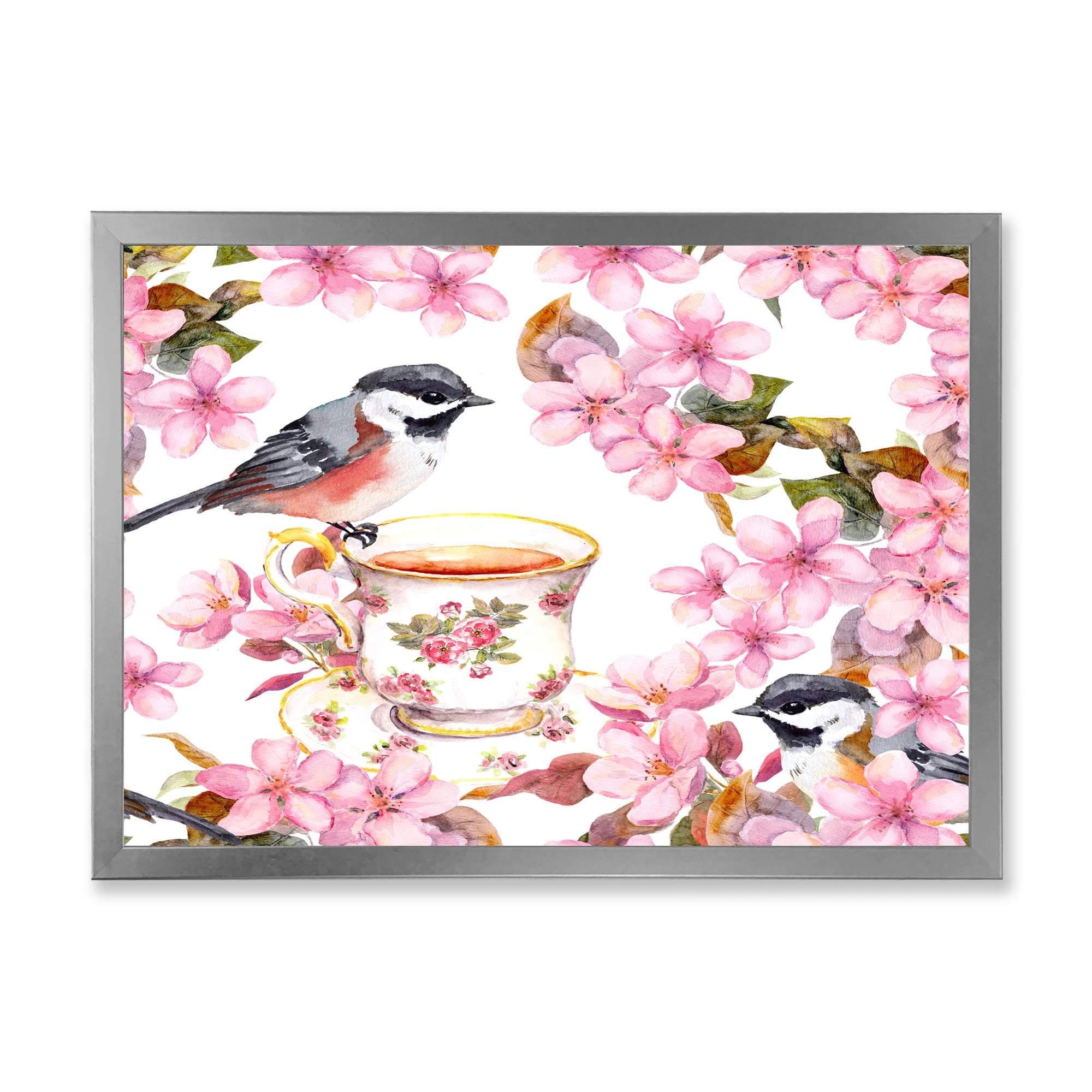 Designart 'Tea Cup Birds and Pink Flowers' Traditional Framed Art Print