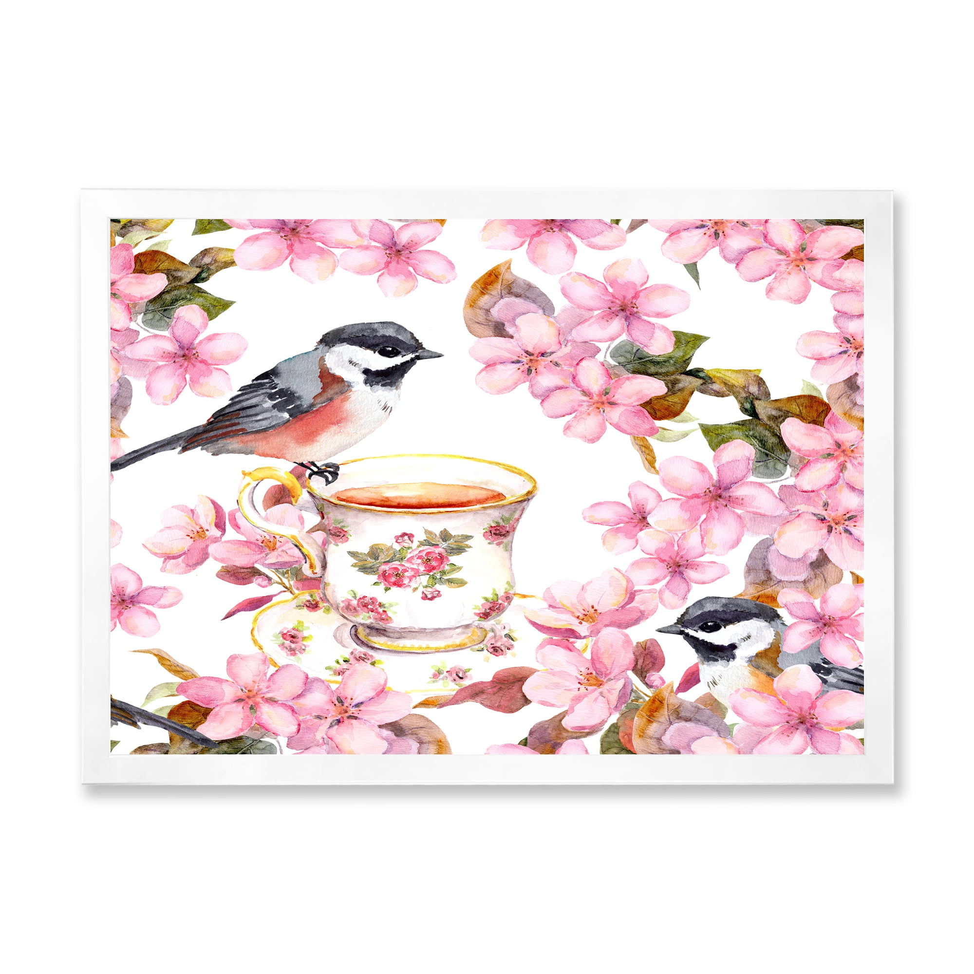 Designart 'Tea Cup Birds and Pink Flowers' Traditional Framed Art Print