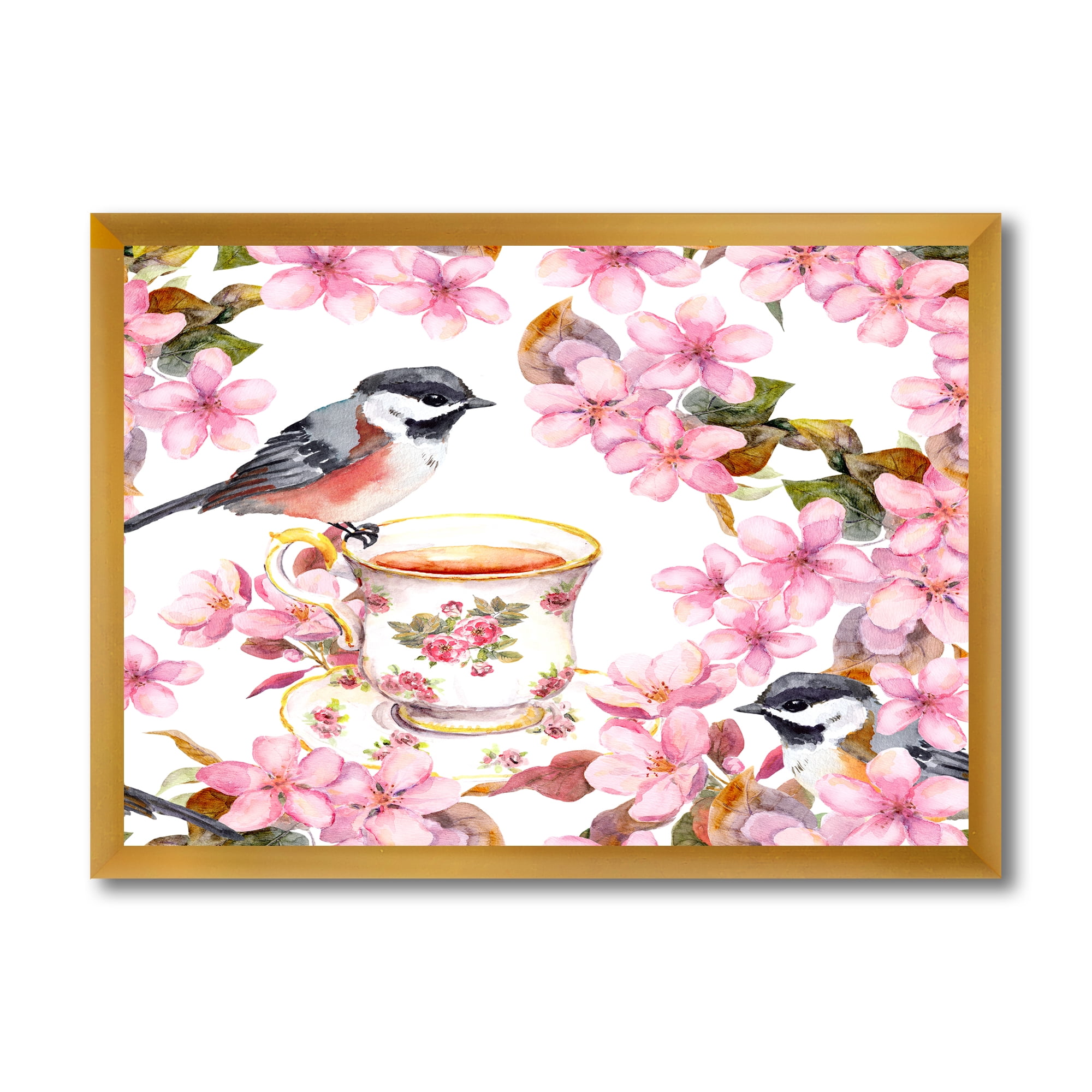 Designart 'Tea Cup Birds and Pink Flowers' Traditional Framed Art Print