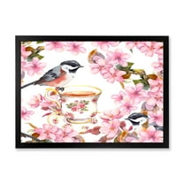 Designart 'Tea Cup Birds and Pink Flowers' Traditional Framed Art Print