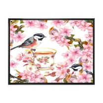 Designart 'Tea Cup Birds and Pink Flowers' Traditional Framed Canvas Wall Art Print