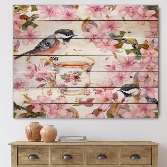 Designart 'Tea Cup Birds and Pink Flowers' Traditional Print on Natural Pine Wood