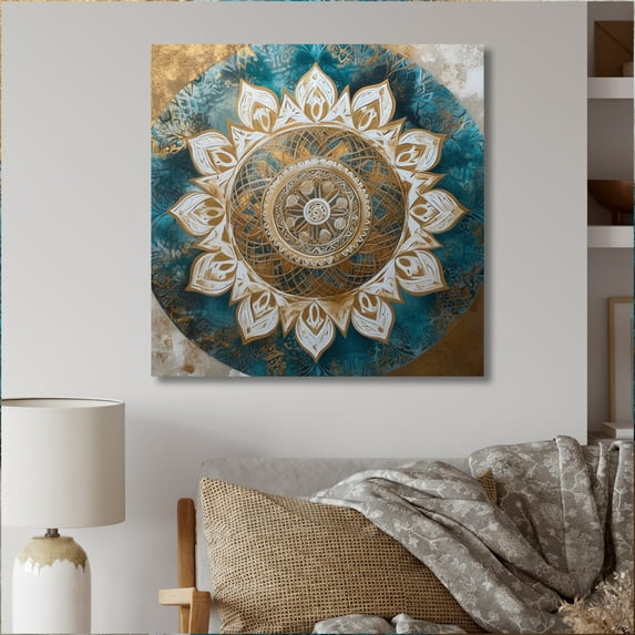 Designart "Teal And Gold Mandala II" Boho Mandala Canvas Print