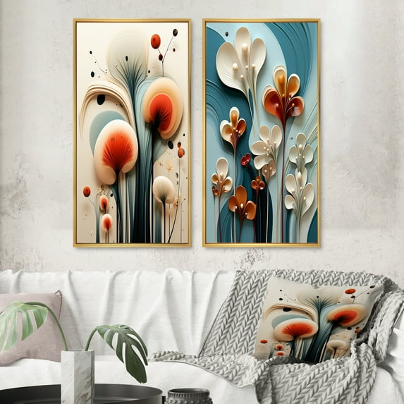 Designart "Teal Background Contemporary White Flower IV" Abstract Botanicals Framed Wall Art Set Of 2 - Modern Blue Framed Wall Art Set Of 2