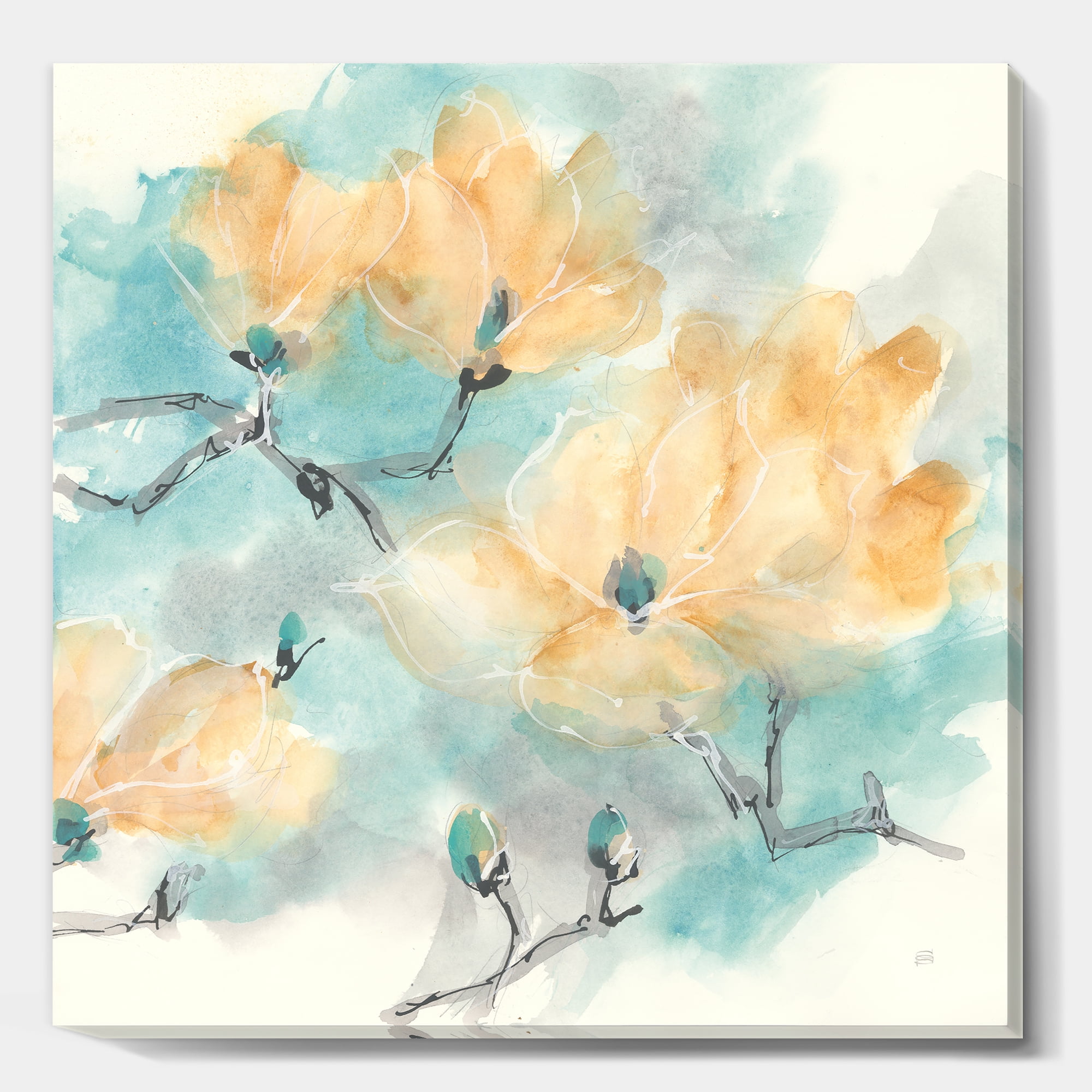 Designart 'Teal Buds I' Cabin & Lodge Premium Canvas Wall Art