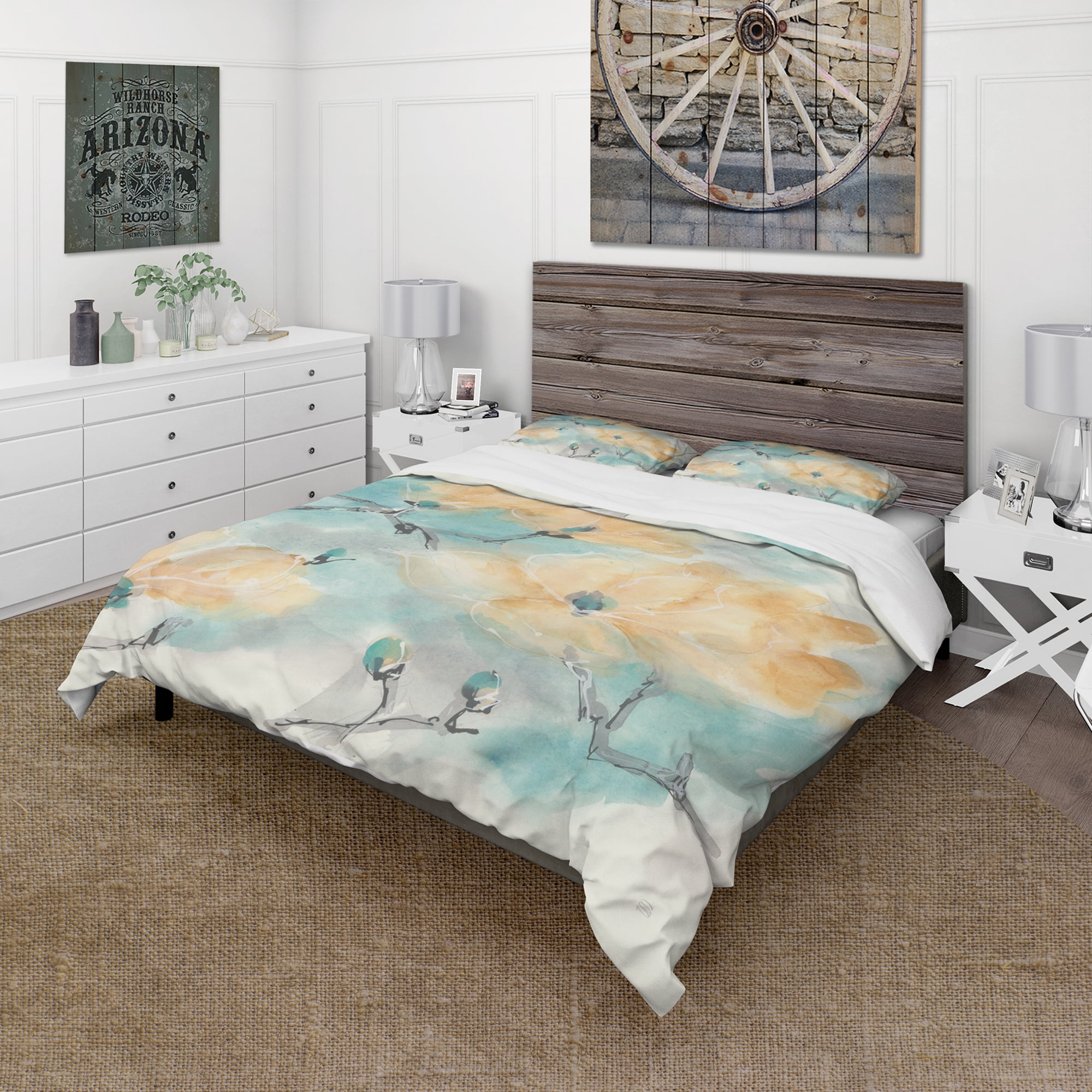 Designart 'Teal Buds I' Traditional Duvet Cover Set