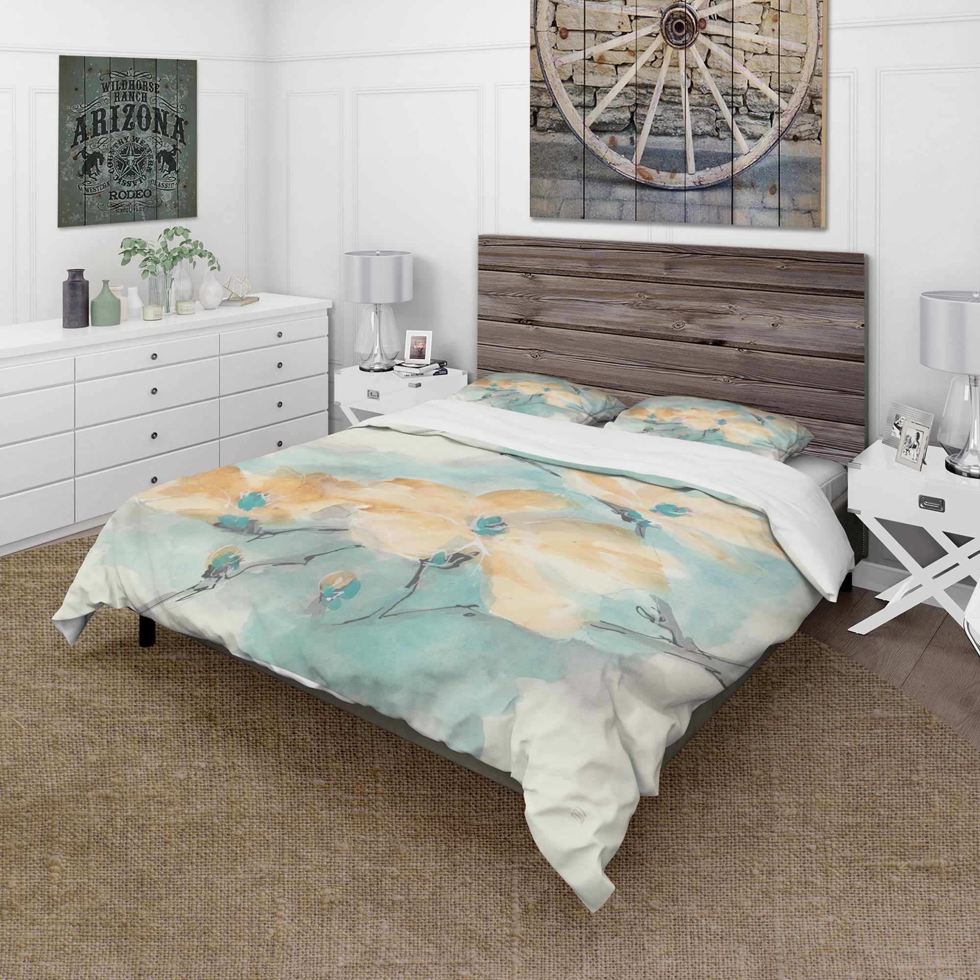 Designart 'Teal Buds II' Traditional Duvet Cover Set