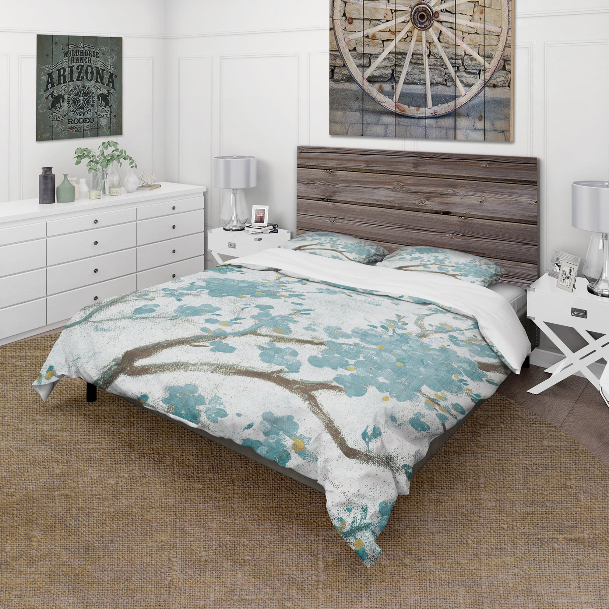 Designart 'Teal Cherry Blossoms I' Farmhouse Duvet Cover Set