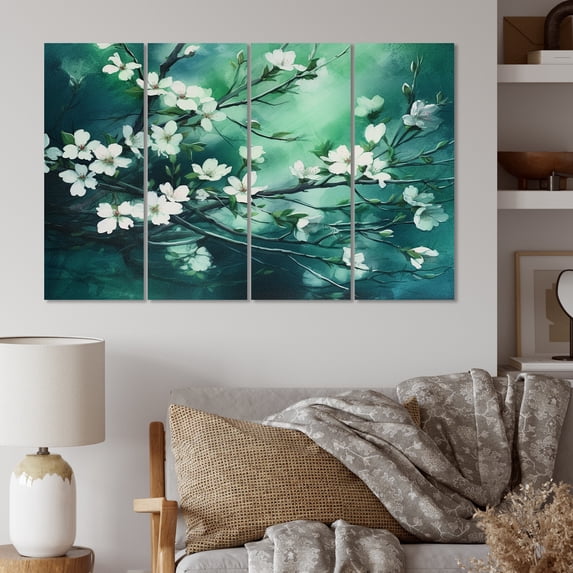 Designart "Teal Cherry Blossoms Whispering Their Beauty I" Floral Metal Wall Decor Set