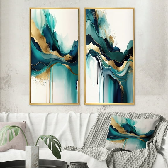 Designart "Teal and Gold Abstract Expressionism II" Abstract Liquid Ink Framed Wall Art Set Of 2 - Turquoise Abstract Framed Canvas Set For Living Room Decor