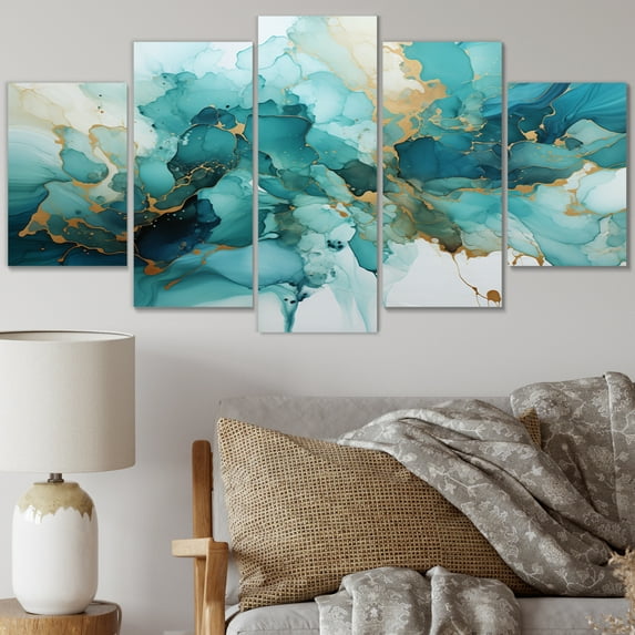 Designart "Teal Gold Fractal Mystic Mirage III" Modern Metal Wall Art Set