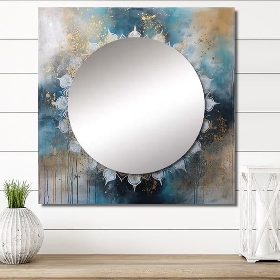 Designart "Teal and Gold Mandala Harmony III" Boho Mandala Square Mirror Wall Decor Traditional - Large Teal Square Bathroom Mirror - Square Printed Wall Mirror Art