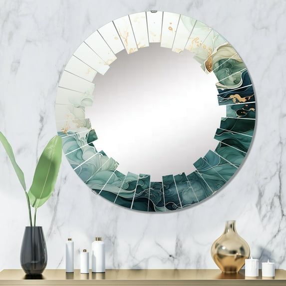 Designart "Teal Gold Minimalism Serenity In Flow" Minimalism Round Wall Mirror - Modern Oval Printed Decorative Oversized Mirror - Multiple Color Options