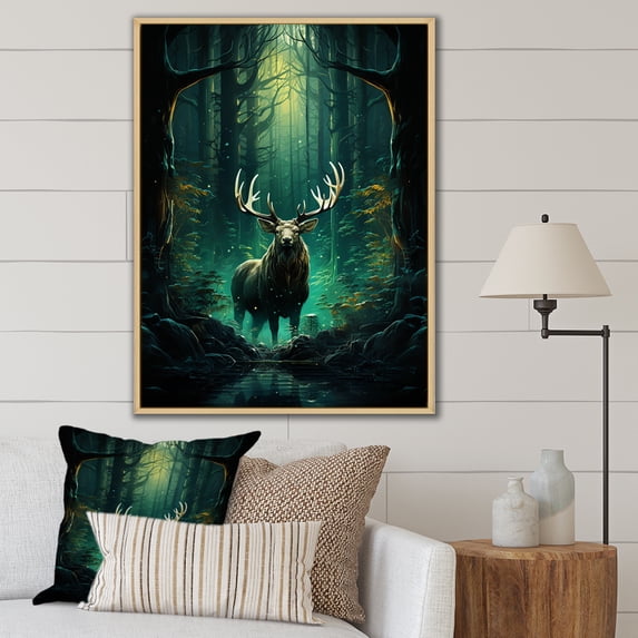 Designart "Teal Green Moose captivate Forest II" Animals Floater Framed Wall Art Print