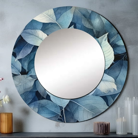Designart "Teal Grey Leafs Harmony Subdued Hues" Floral Round Mirror Wall Decor Traditional - Large Teal Round Office Mirror - Round Mirror - 29" x 29"