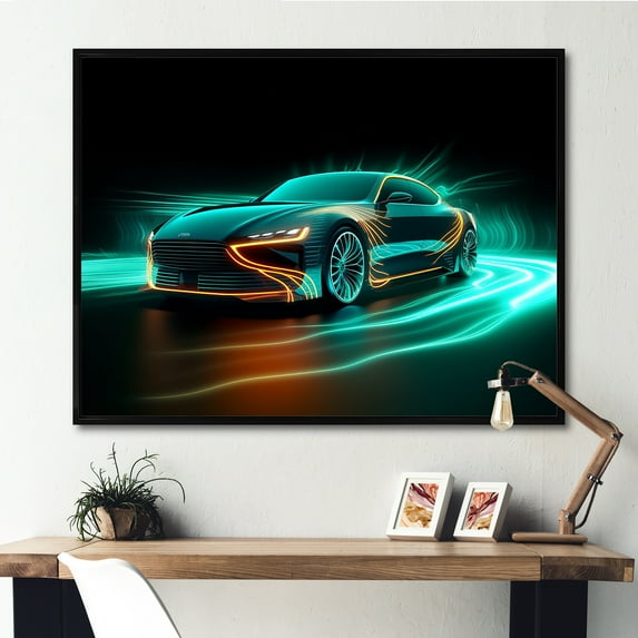 Designart "Teal Hybrid Car With Neon Accents I" Car Exotic Floater Framed Wall Decor