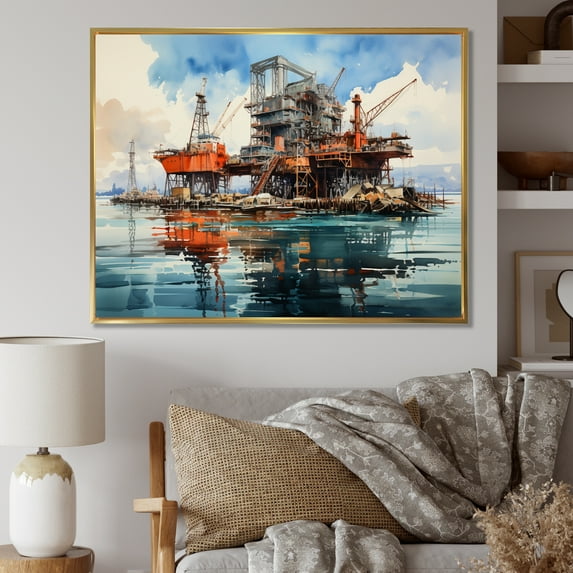 Designart "Teal Oil Rigs landscapes Offshore II" Oil Rigs / Fields Floater Framed Wall Decor