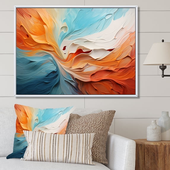 Designart "Teal Orange Bold Abstract Flow composition I" Abstract Collages Floater Framed Canvas Wall Art