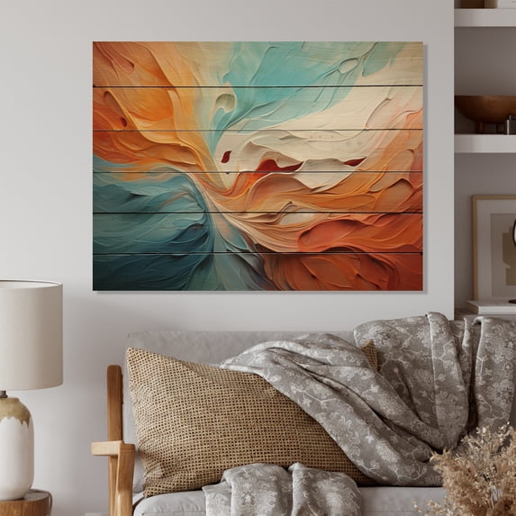 Designart "Teal Orange Bold Abstract Flow composition I" Abstract Collages Print on Natural Pine Wood