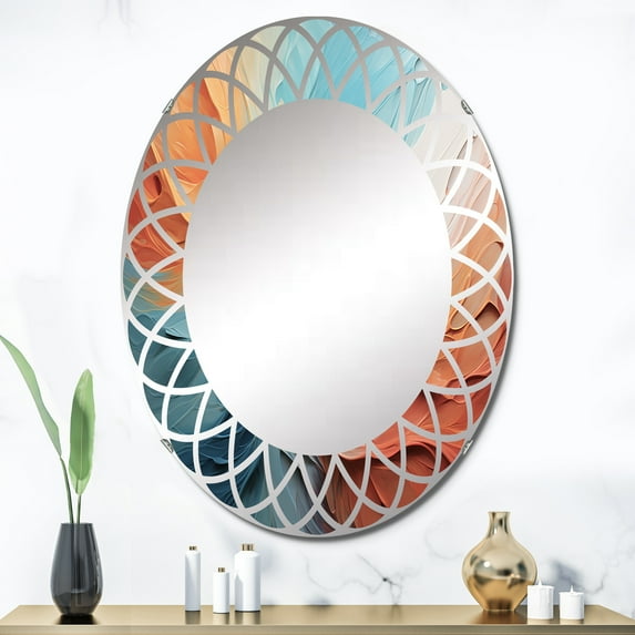 Designart "Teal Orange Bold Abstract Flow composition I" Abstract Collages Round Wall Mirror - Modern Oval Printed Decorative Oversized Mirror - Multiple Color Options