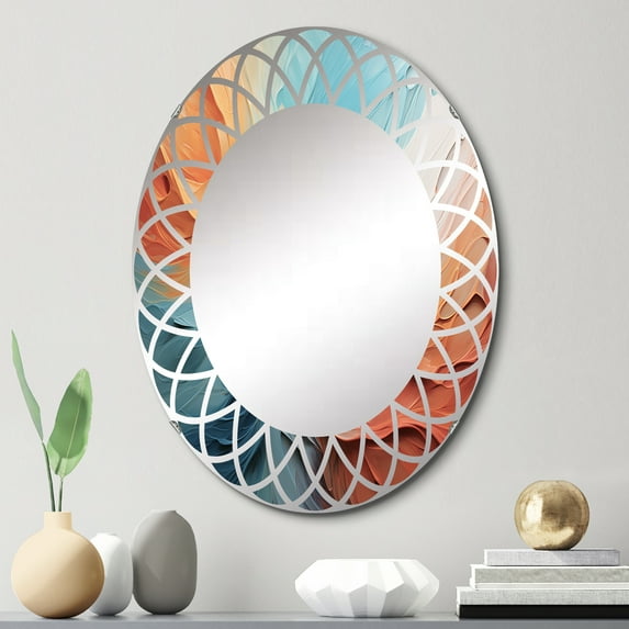 Designart "Teal Orange Bold Abstract Flow composition I" Abstract Collages Round Wall Mirror - Modern Oval Printed Decorative Oversized Mirror - Multiple Color Options