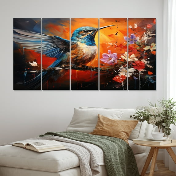 Designart "Teal Orange Hummingbird Enchanting Hum composition" Animals Metal Art Print Set